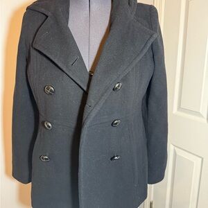 LONDON FOG Women’s Wool-Blend Hooded Double-Breasted Pea Coat in black, size M
